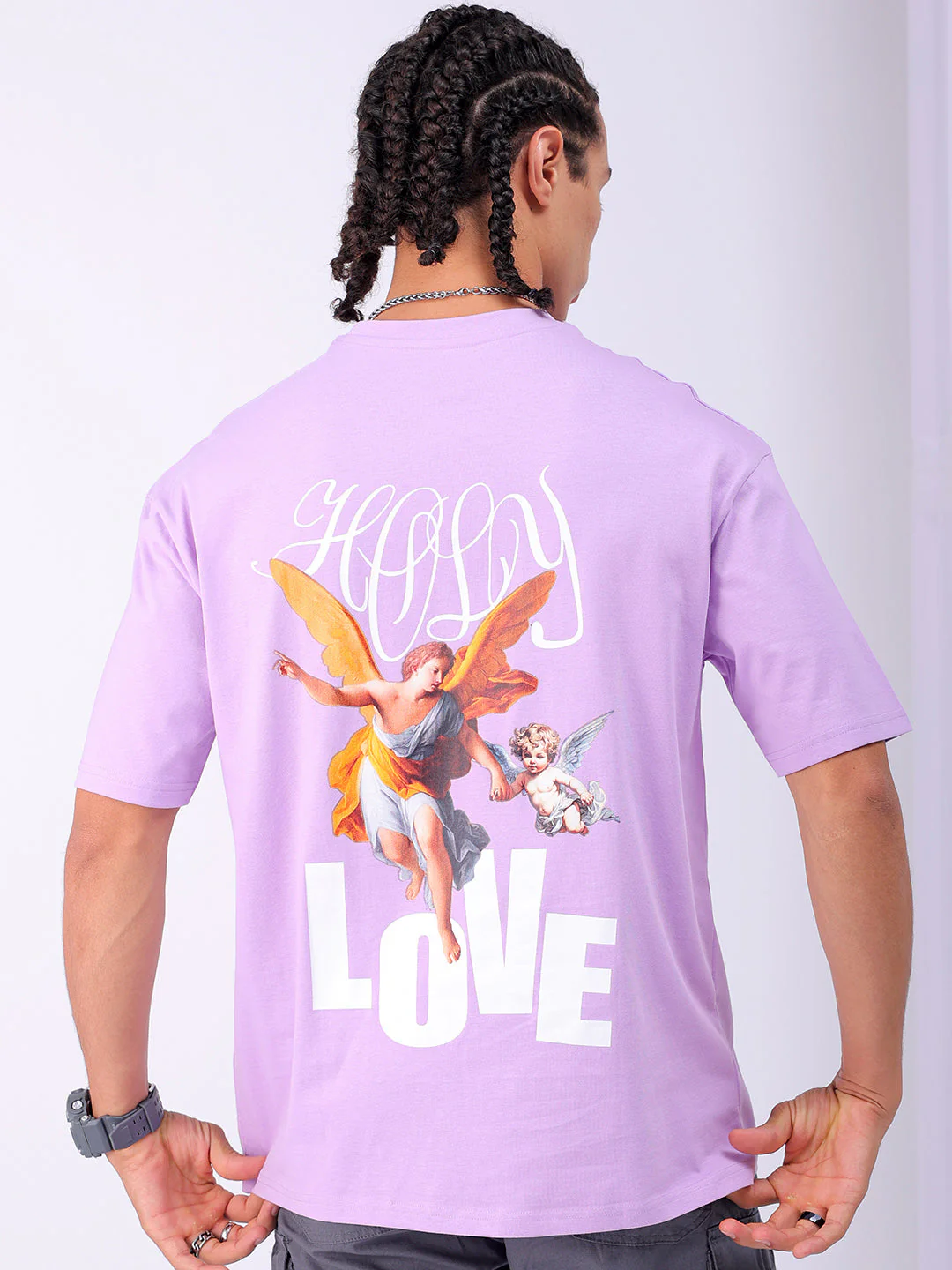 Men's Purple Boxy Oversized Graphic Back Printed Round Neck T-shirt